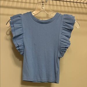 Zara Ribbed Blue Ruffled Sleeve Crop Tee